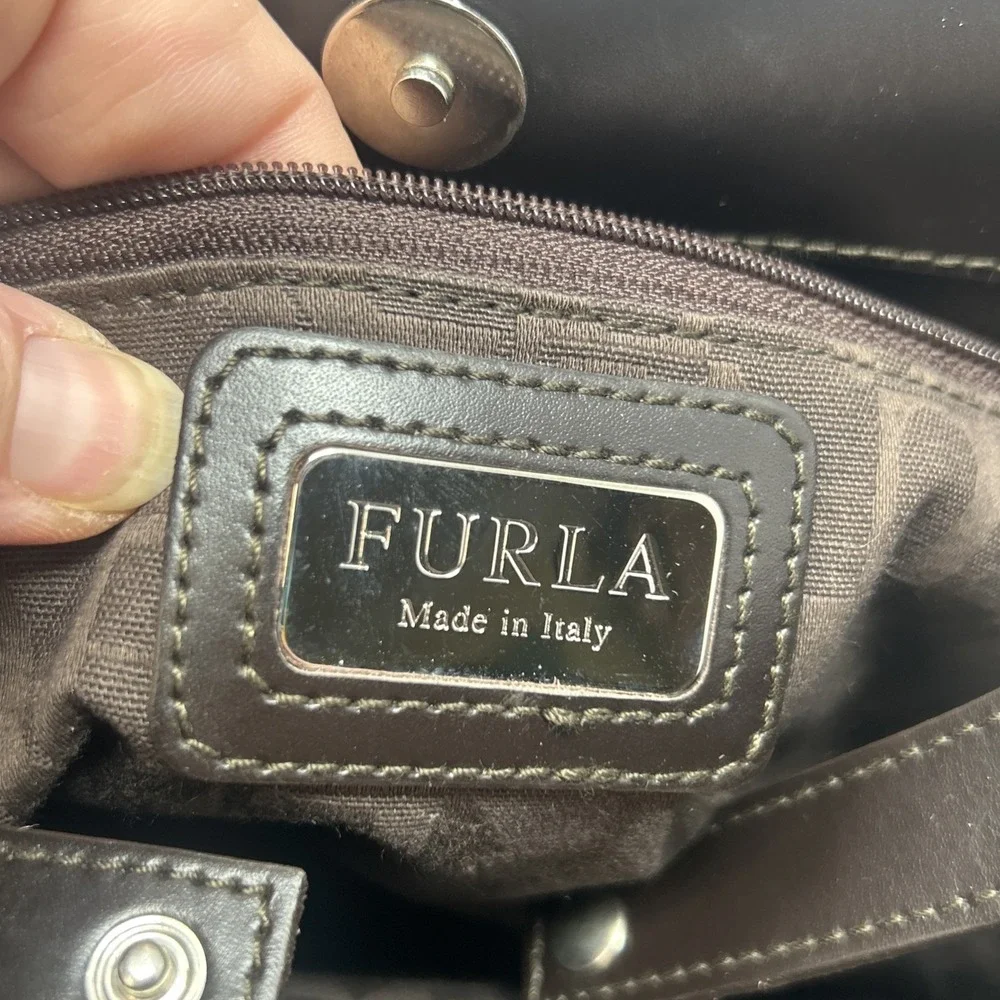 FURLA Italy Dark Brown Leather Woven Handbag Purse Satchel